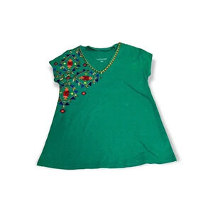 Soft Surroundings Womens Green Passion Flower Sequin Tee Sz S Embroidered Tropic